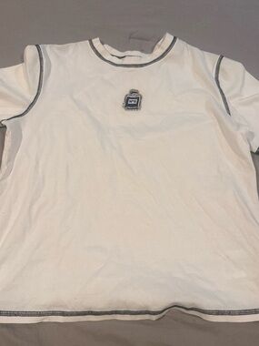 CHANEL White Tee with Navy Stitching and Logo Tag